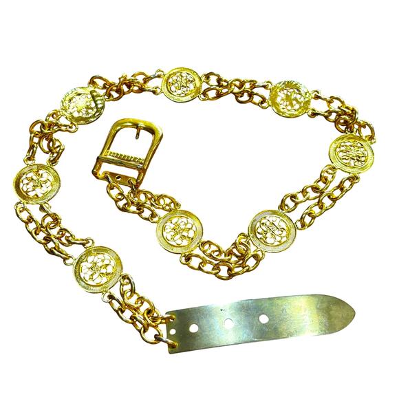 Vintage 1980\'s chunky gold double chain belt O/S station links textured disks main image 10